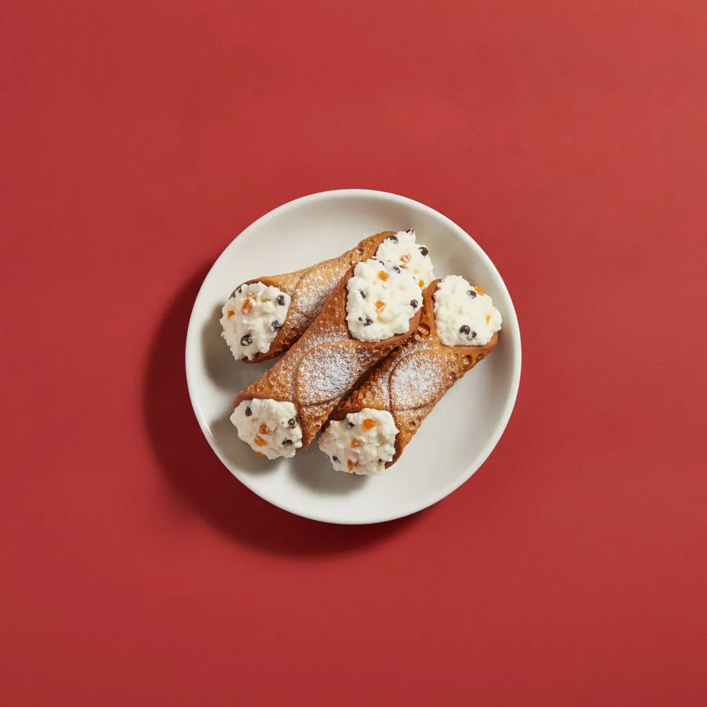 Overhead photo of three cannoli on a small plate, on a red square