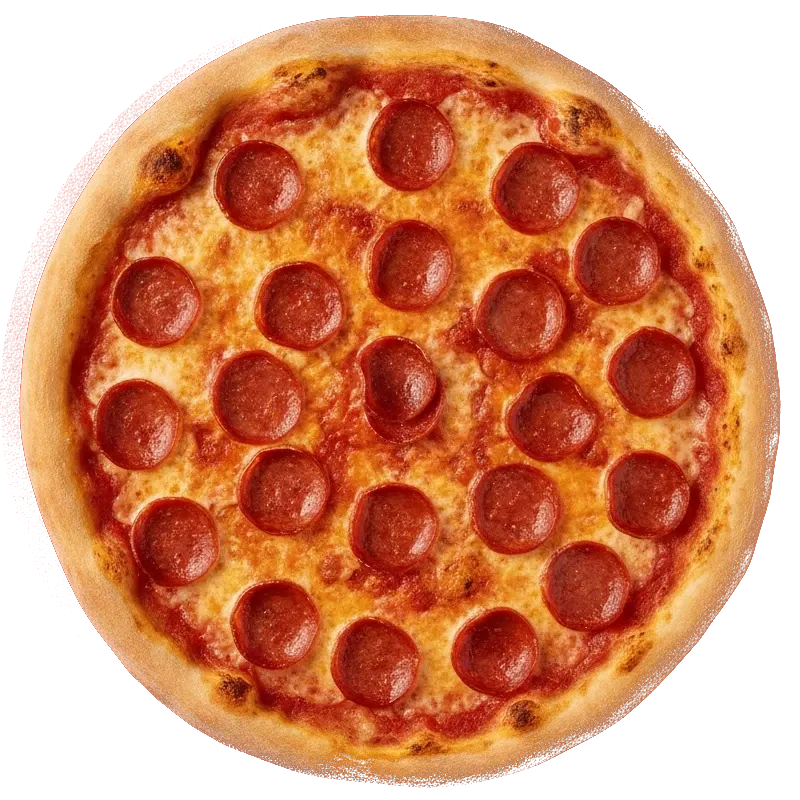 Overhead photo of a whole New York style pepperoni pizza on a tomato red square