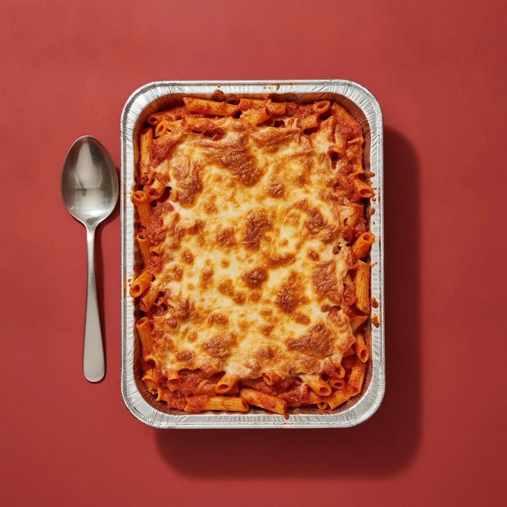 Overhead photo of a catering pan of baked ziti with a serving spoon on a red square